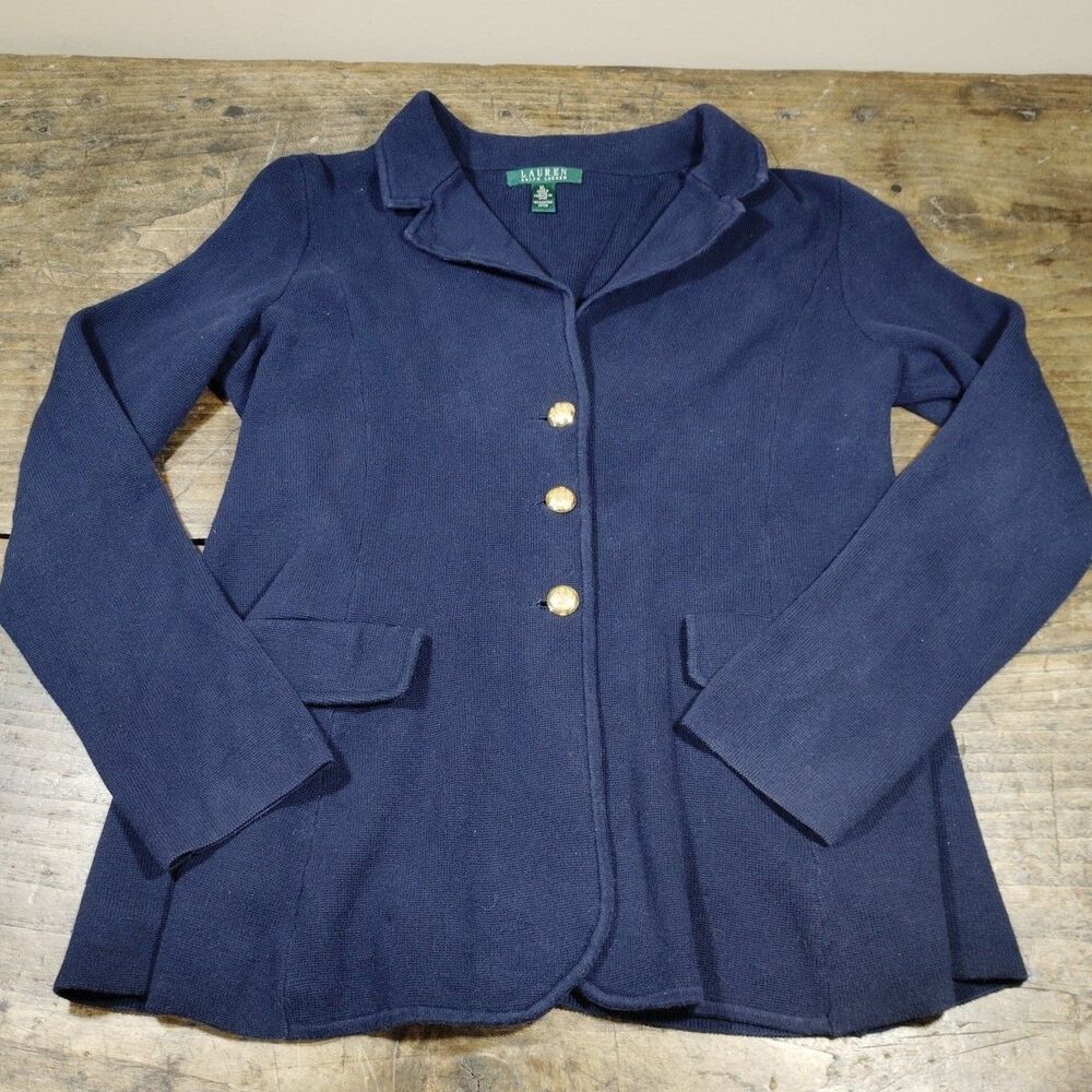 Lauren Ralph Lauren Blazer Womens XL Navy Blue Knit Gold Crest Buttons Cotton